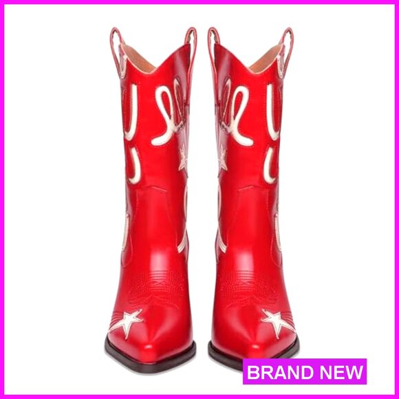 Metallic Cowboy Boots Mid Calf Low Heel Pointed Toe Western Pull On - Picture 5 of 7